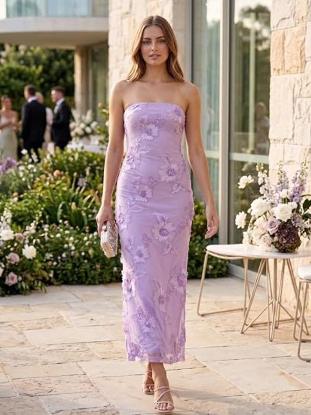 Women's Summer Floral Strapless Mesh Wedding Guest Cocktail Maxi Dress